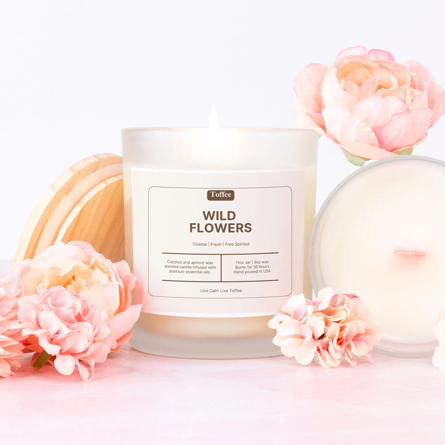 Wildflowers Pink Wick Frosted Glass Candle Toffee