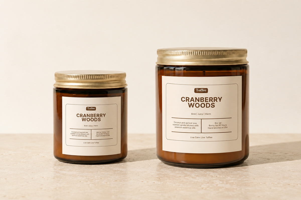 Toffee Cranberry Woods candles comparing 4 oz and 9 oz amber jar sizes