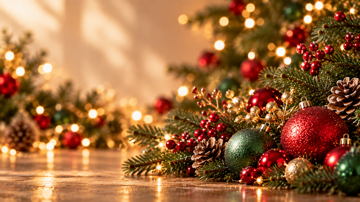 Holiday scene with red and green ornaments, evergreen branches, berries, pinecones and festive lights