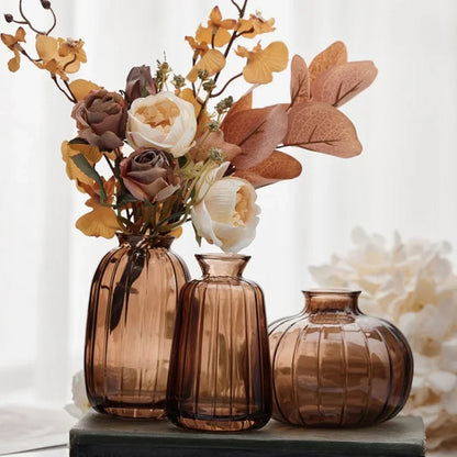 Amber Haze Glass Vase Trio | Set of 3 Amber-Tinted Glass Bud Vases – Rustic Table Centerpiece for Cozy Home Decor