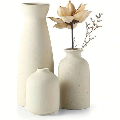 Boho Ceramic Vase Set – Set of 3 Rustic Pastoral Vases for Shelf, Table & Home Decor