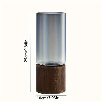 Glass candle holder with wooden base and dimensions on a white background