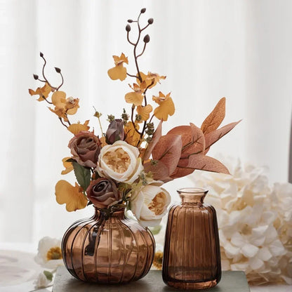 Amber Haze Glass Vase Trio | Set of 3 Amber-Tinted Glass Bud Vases – Rustic Table Centerpiece for Cozy Home Decor