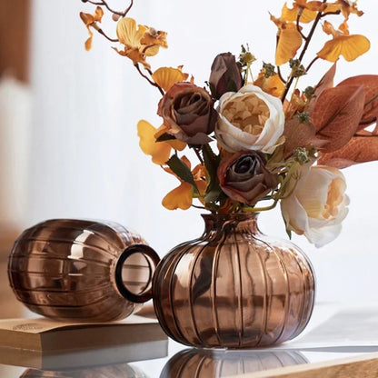 Amber Haze Glass Vase Trio | Set of 3 Amber-Tinted Glass Bud Vases – Rustic Table Centerpiece for Cozy Home Decor
