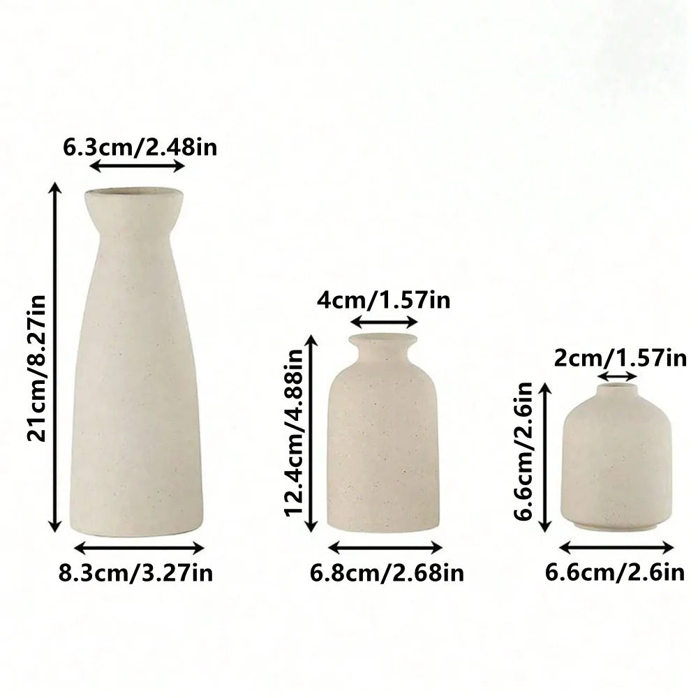 Boho Ceramic Vase Set – Set of 3 Rustic Pastoral Vases for Shelf, Table & Home Decor