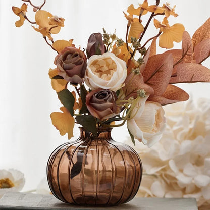 Amber Haze Glass Vase Trio | Set of 3 Amber-Tinted Glass Bud Vases – Rustic Table Centerpiece for Cozy Home Decor