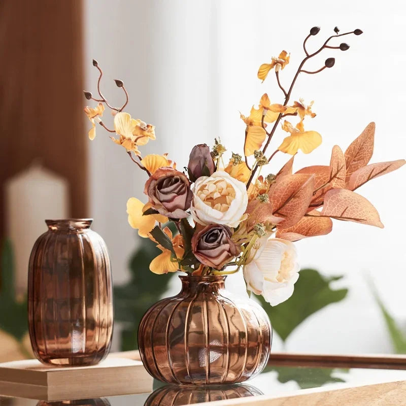 Amber Haze Glass Vase Trio | Set of 3 Amber-Tinted Glass Bud Vases – Rustic Table Centerpiece for Cozy Home Decor