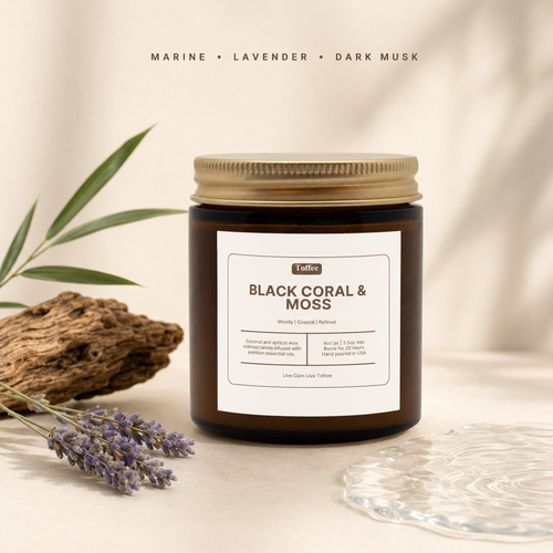 Black Coral & Moss 4 oz candle scent notes: marine, lavender and dark musk