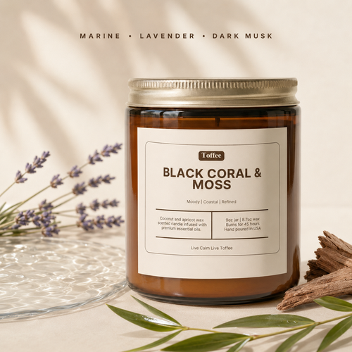Black Coral & Moss 9 oz candle scent notes: marine, lavender and dark musk