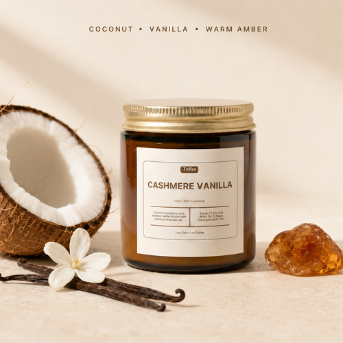 Cashmere Vanilla 4 oz candle scent notes: coconut, vanilla and warm amber