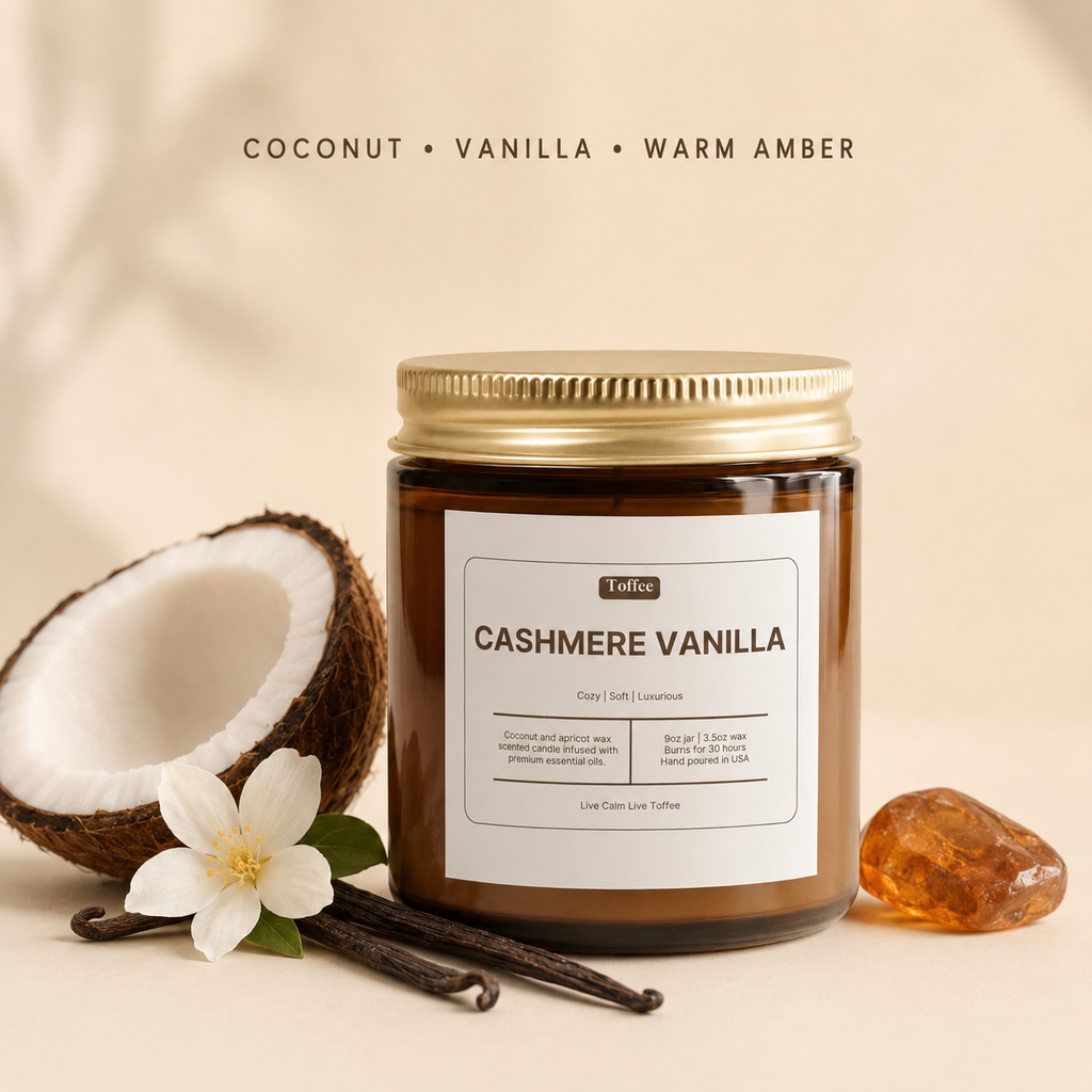 Cashmere Vanilla 9 oz candle scent notes: coconut, vanilla and warm amber