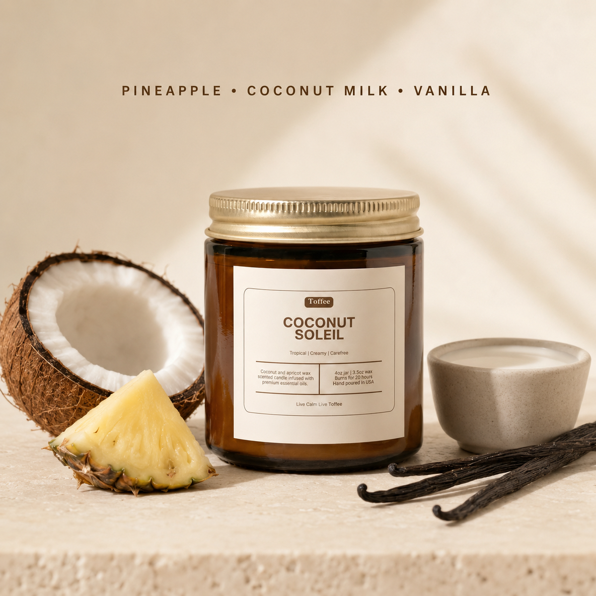 Coconut Soleil 4 oz candle scent notes: pineapple, coconut milk and vanilla