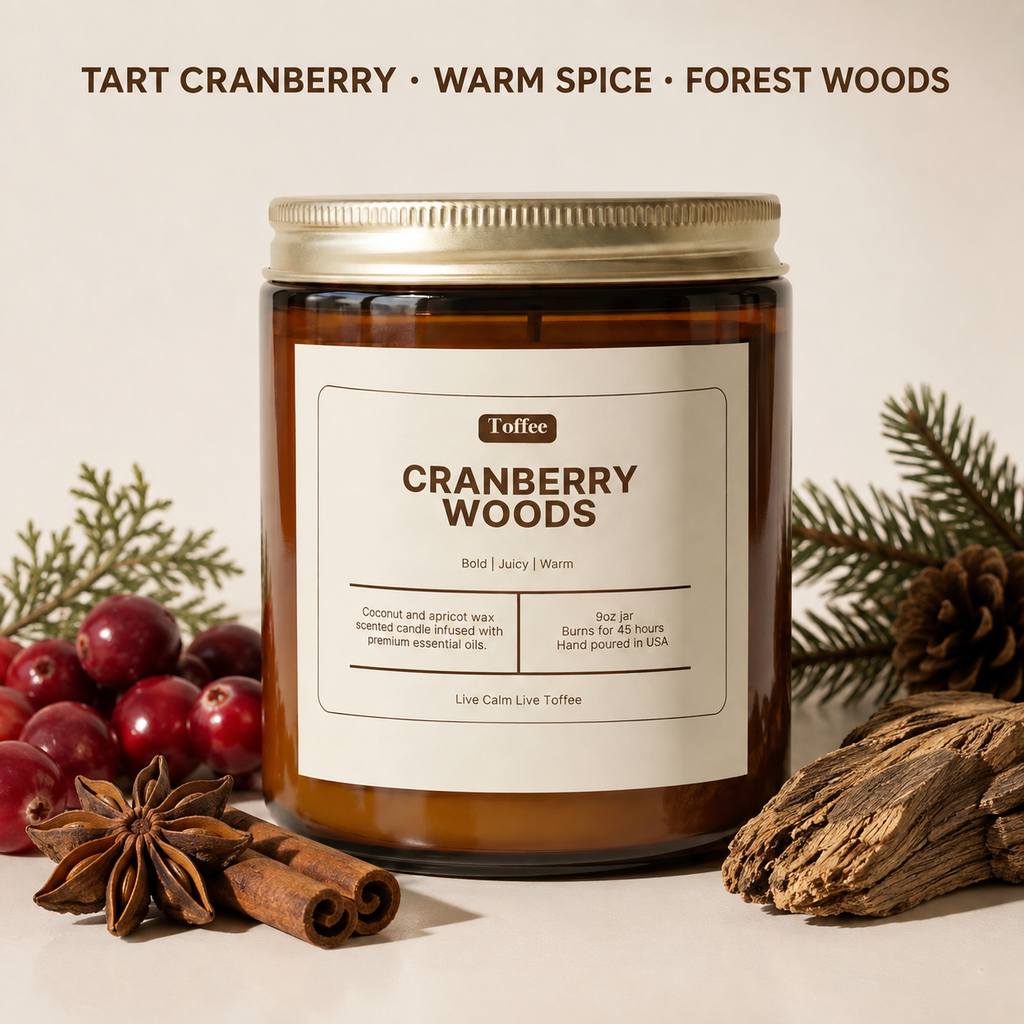 Cranberry Woods 9 oz candle scent notes: tart cranberry, warm spice and forest woods