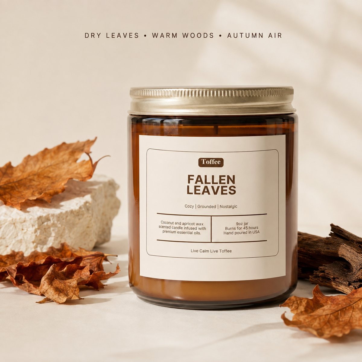 Fallen Leaves 9 oz candle scent notes: dry leaves, warm woods and autumn air