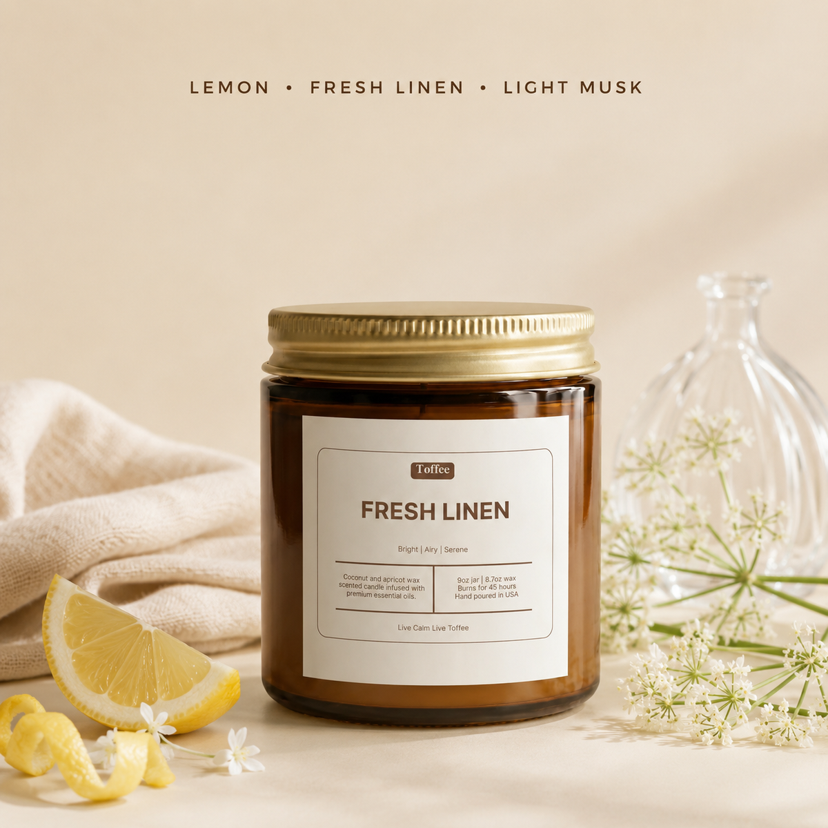 Fresh Linen 9 oz candle scent notes: lemon, fresh linen and light musk
