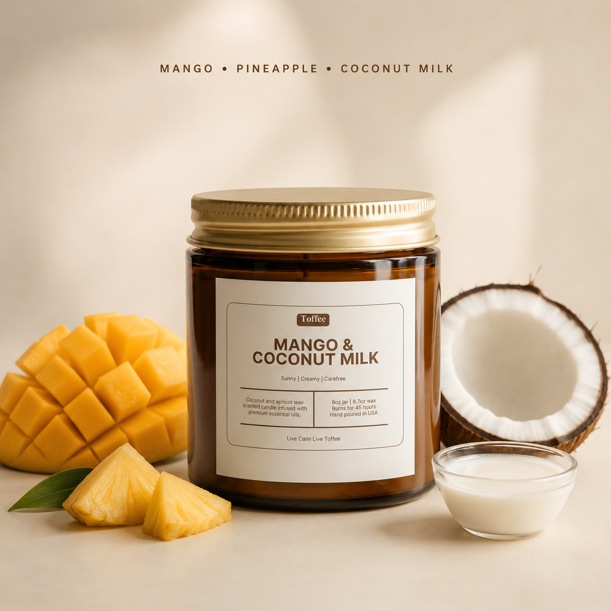 Mango and Coconut Milk 9 oz candle scent notes: mango, pineapple and coconut milk