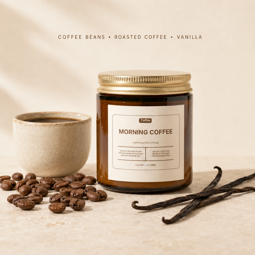 Morning Coffee 4 oz candle scent notes: coffee beans, roasted coffee and vanilla