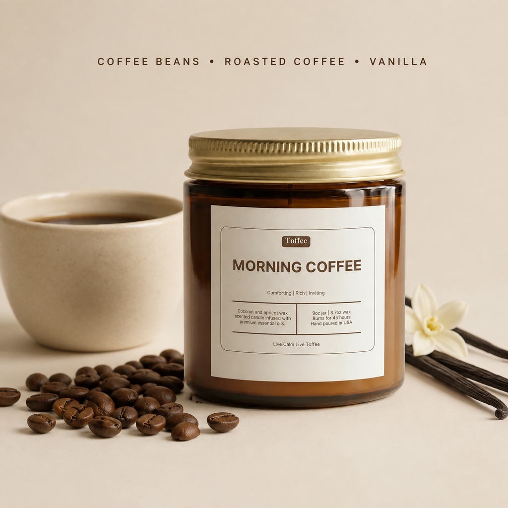 Morning Coffee 9 oz candle scent notes: coffee beans, roasted coffee and vanilla