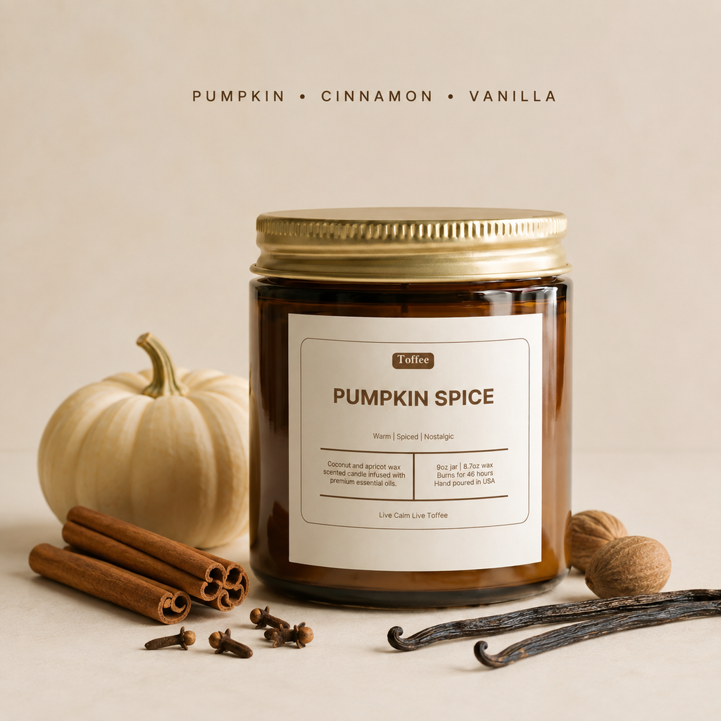 Pumpkin Spice 9 oz candle scent notes: pumpkin, cinnamon and vanilla