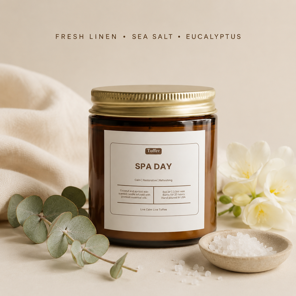 Spa Day 4 oz candle scent notes: fresh linen, sea salt and eucalyptus