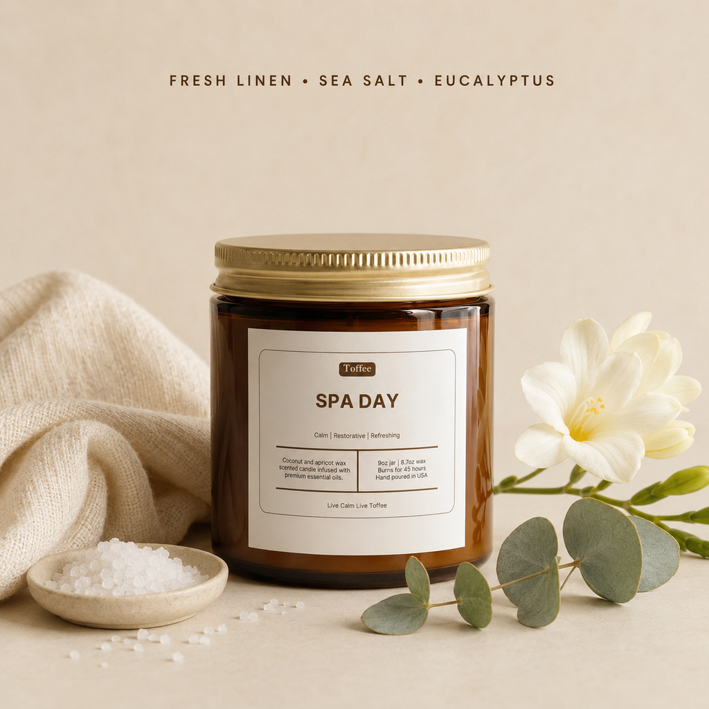 Spa Day 9 oz candle scent notes: fresh linen, sea salt and eucalyptus